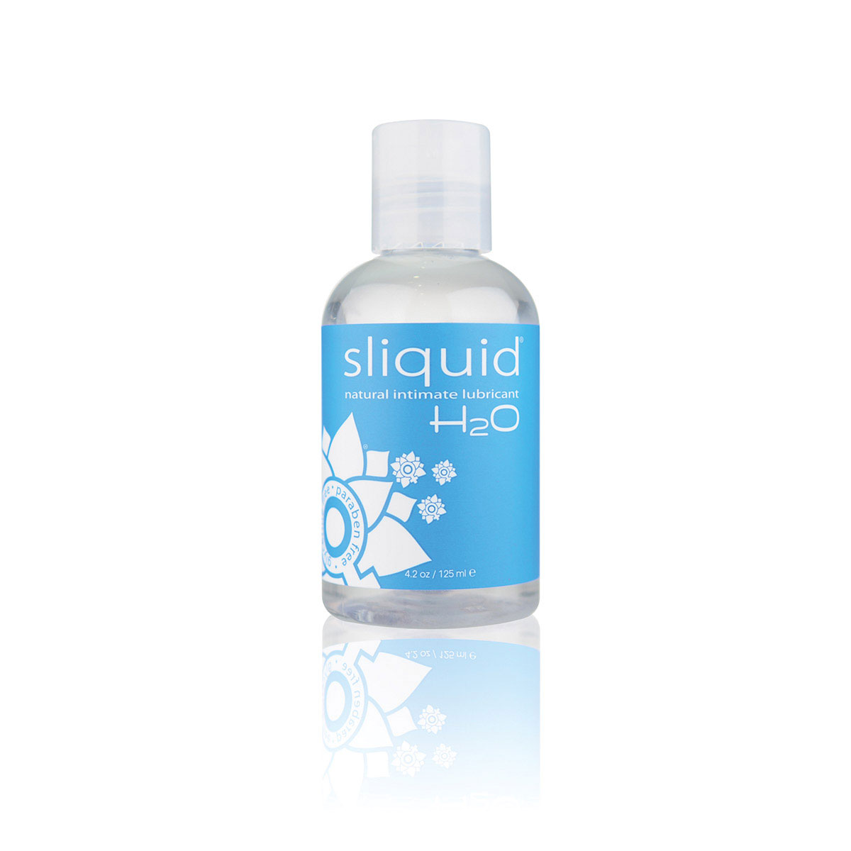 Bottle of 4.2 oz Water Based Lube Sliquid showing clean, lightweight formula