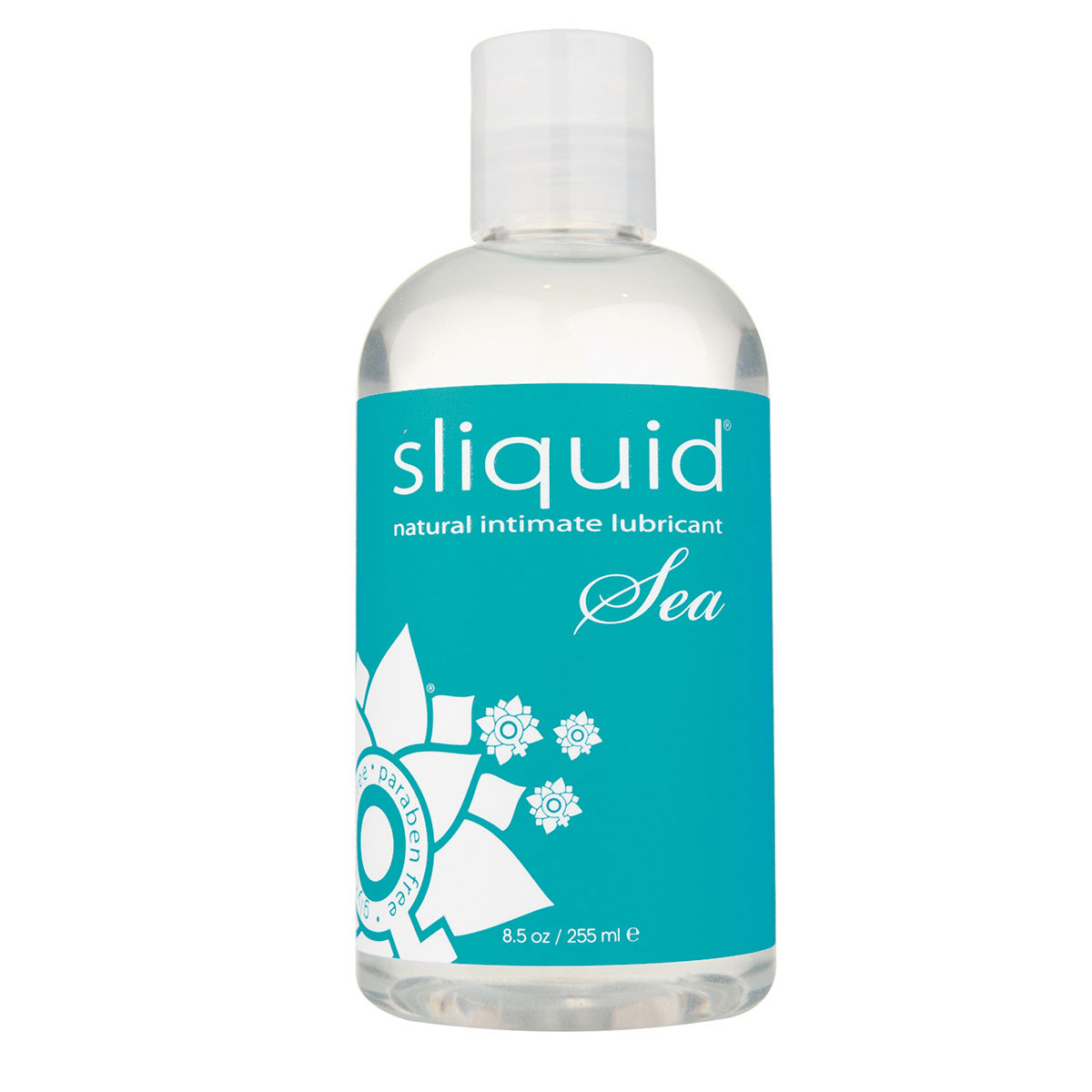Bottle of 8.5 oz Water Based Lube Sliquid showing clean, lightweight formula