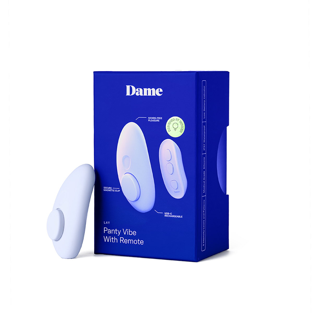 Dame Products vibrator Dame Lay Panty with Remote Control shown in hand for scale