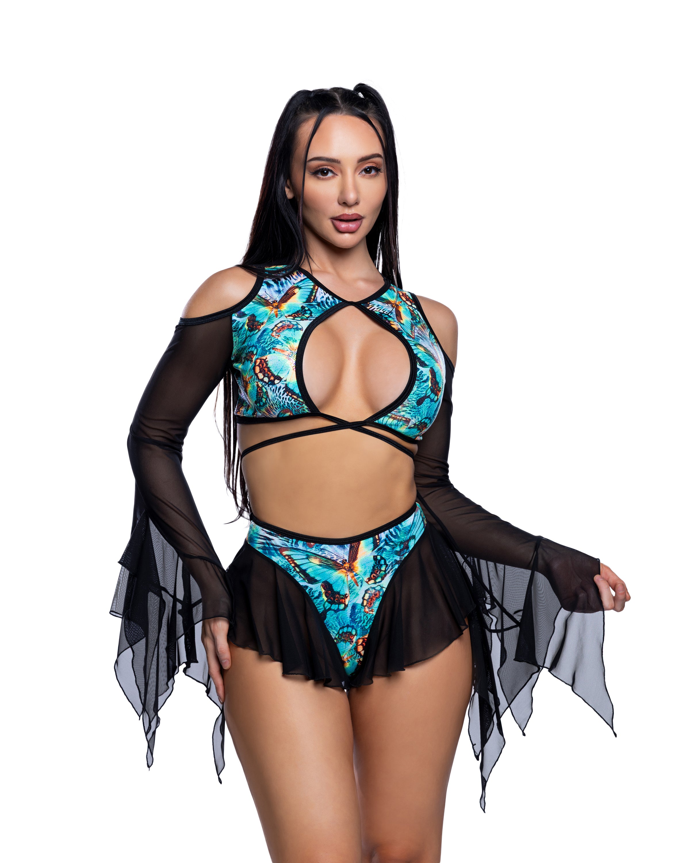 Teal Black Butterfly Flutter Rave Shorts with butterfly print energy