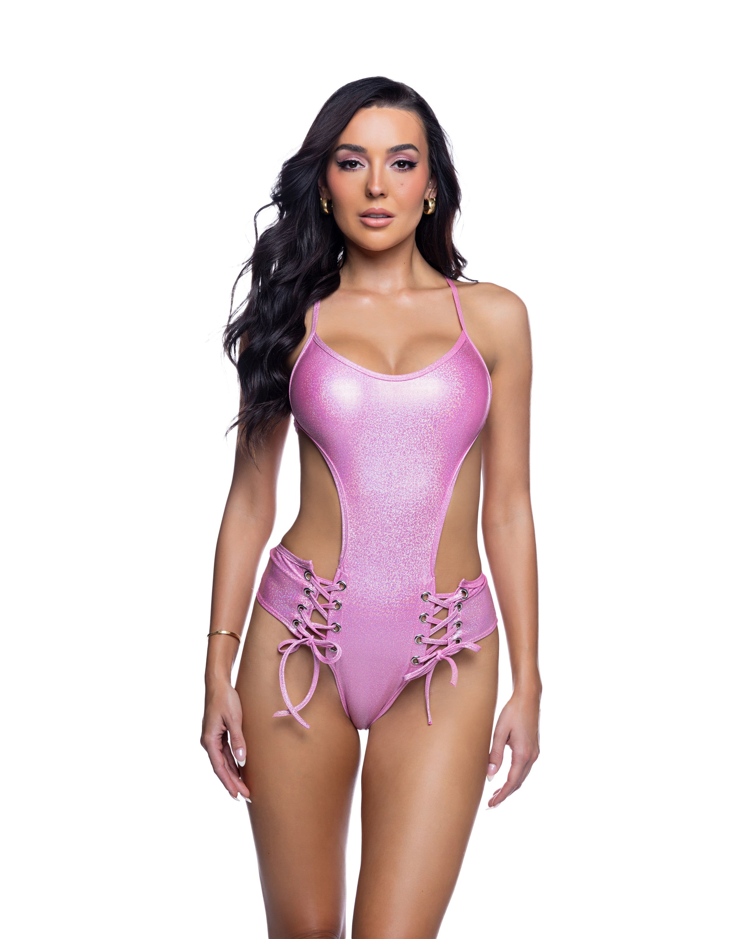 Light Pink Lace-Up Rave Bodysuit with a sleek one-piece silhouette and bold lace-up detail and festival-ready styling.