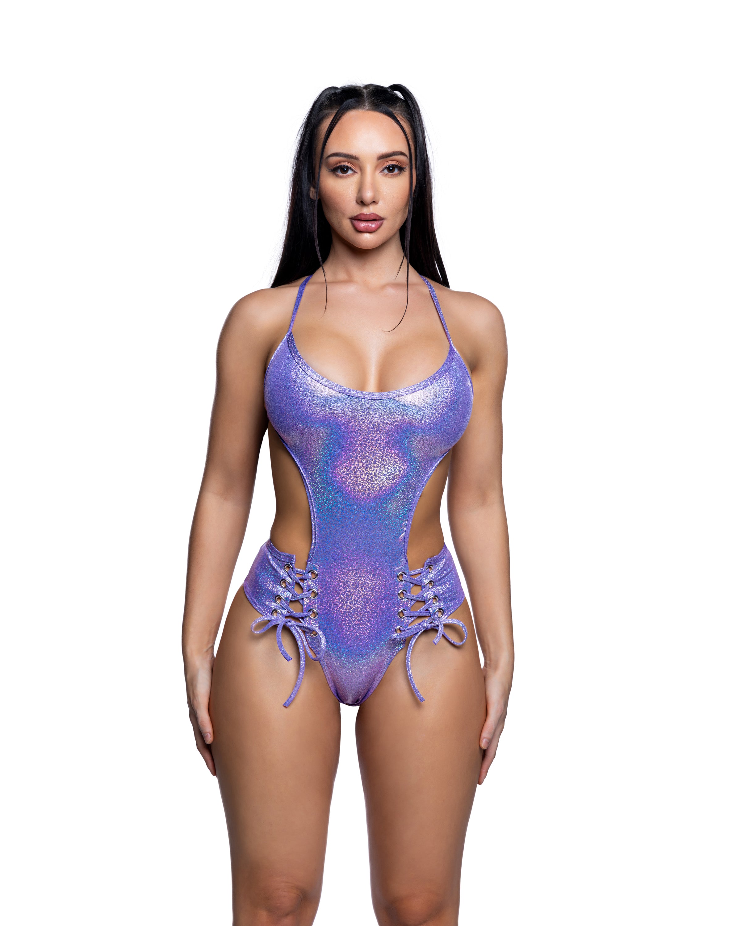 Lavender Lace-Up Rave Bodysuit with a sleek one-piece silhouette and bold lace-up detail and festival-ready styling.