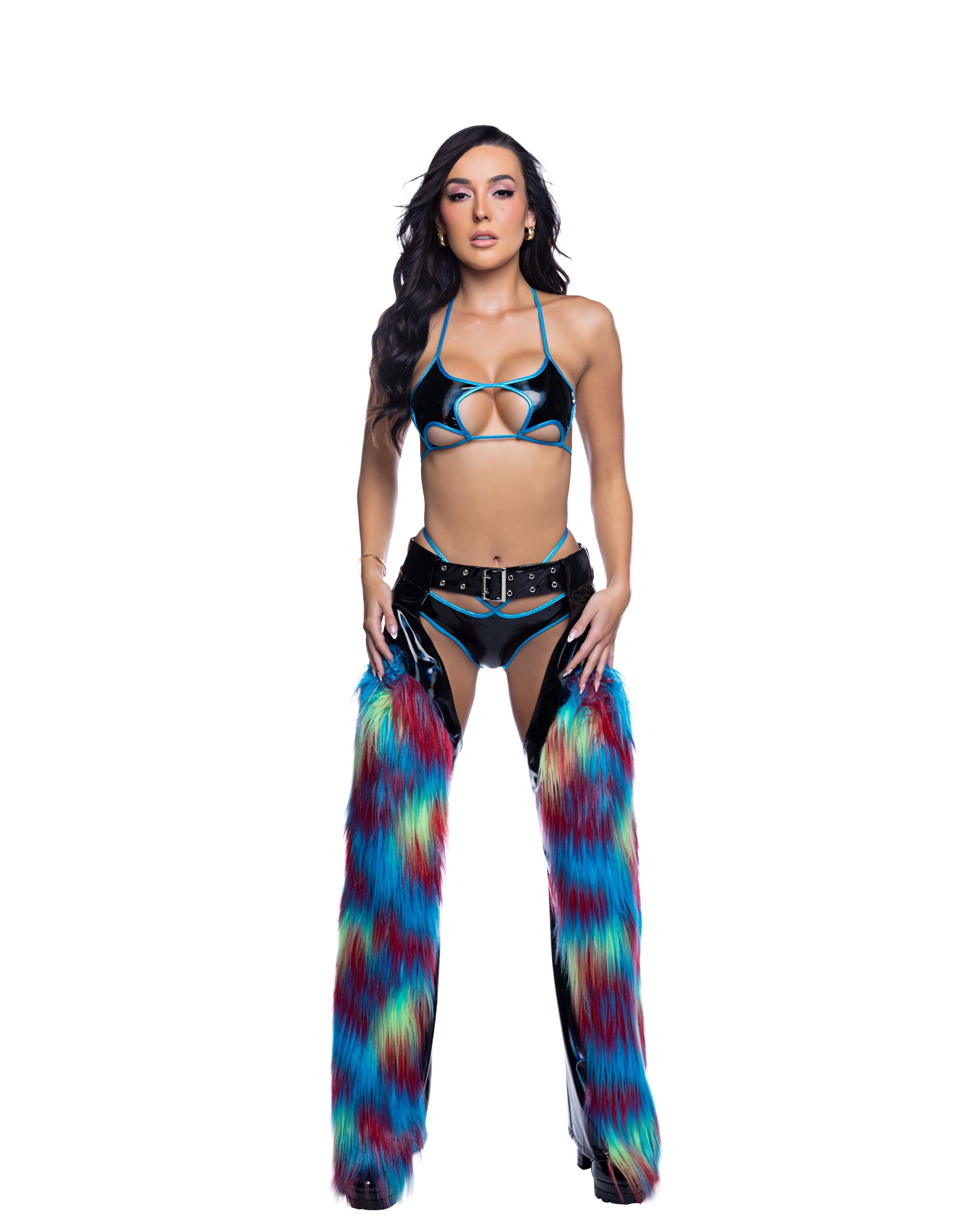 Black Twisted Parrot Shiny + Furry Belted Rave Chaps with glossy shine