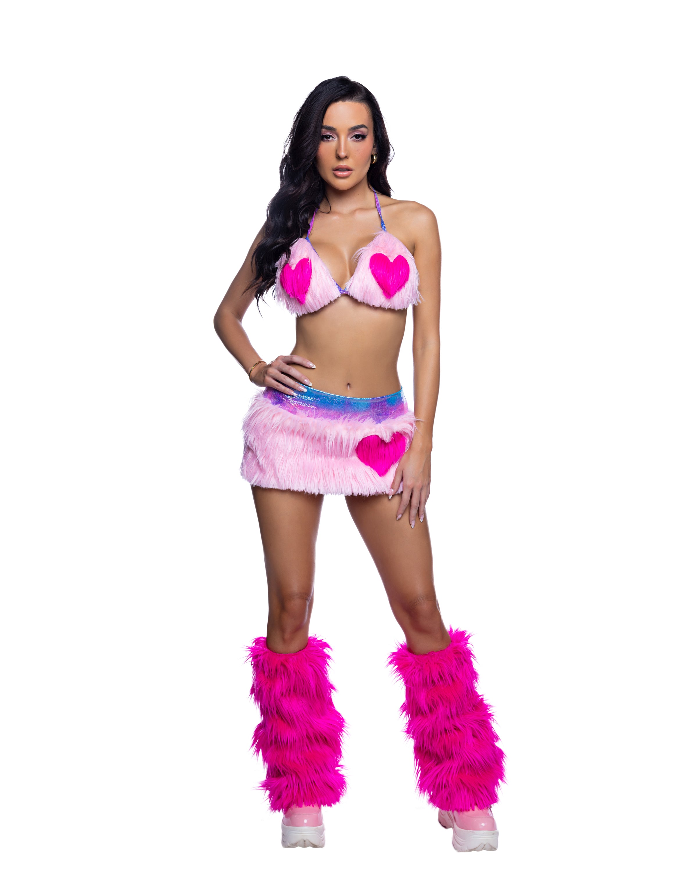 Pink Furry Heart Skirt + Top Rave Outfit with plush faux-fur texture