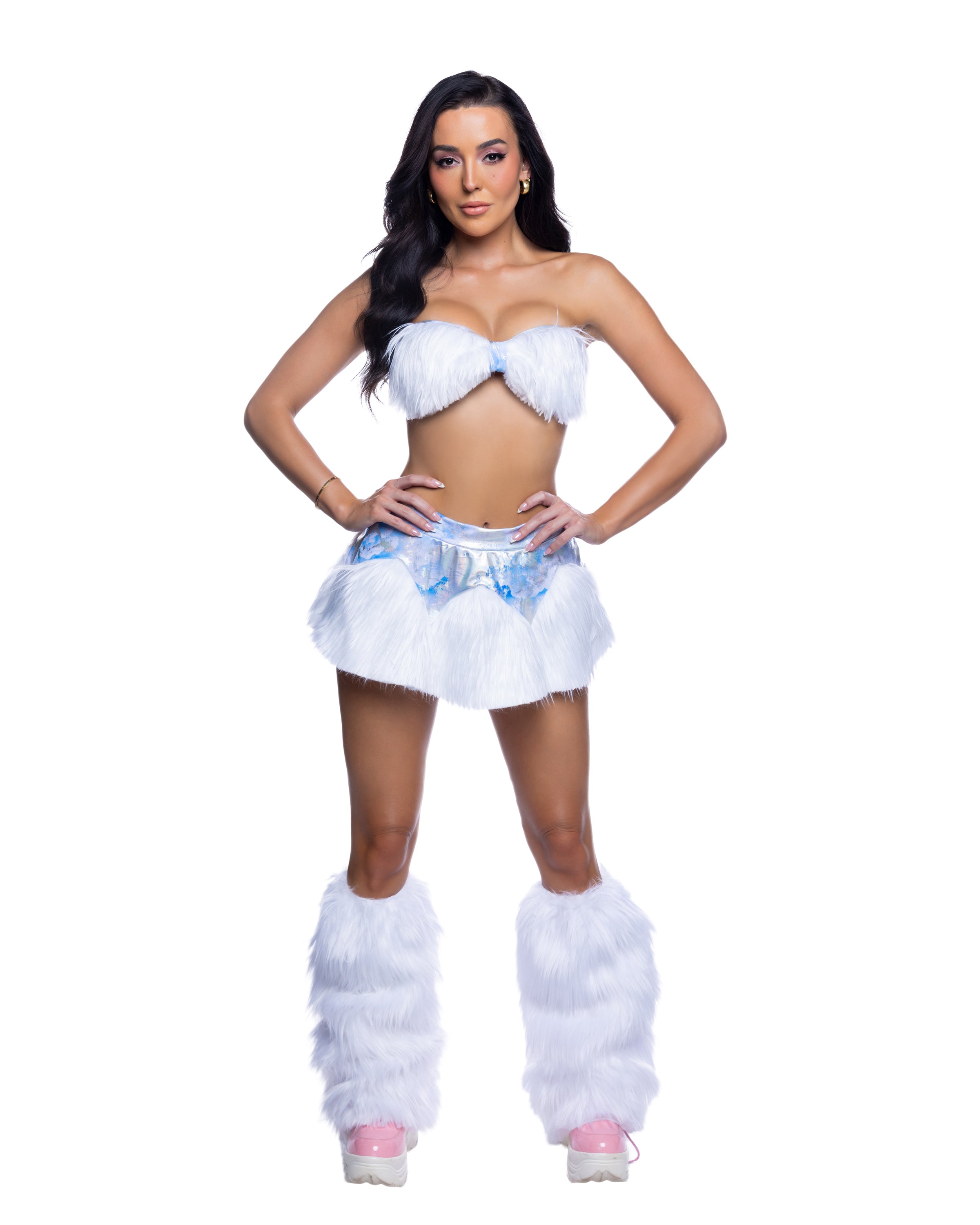 White Clouds Furry Skirt + Tube Top Rave Outfit with plush faux-fur texture
