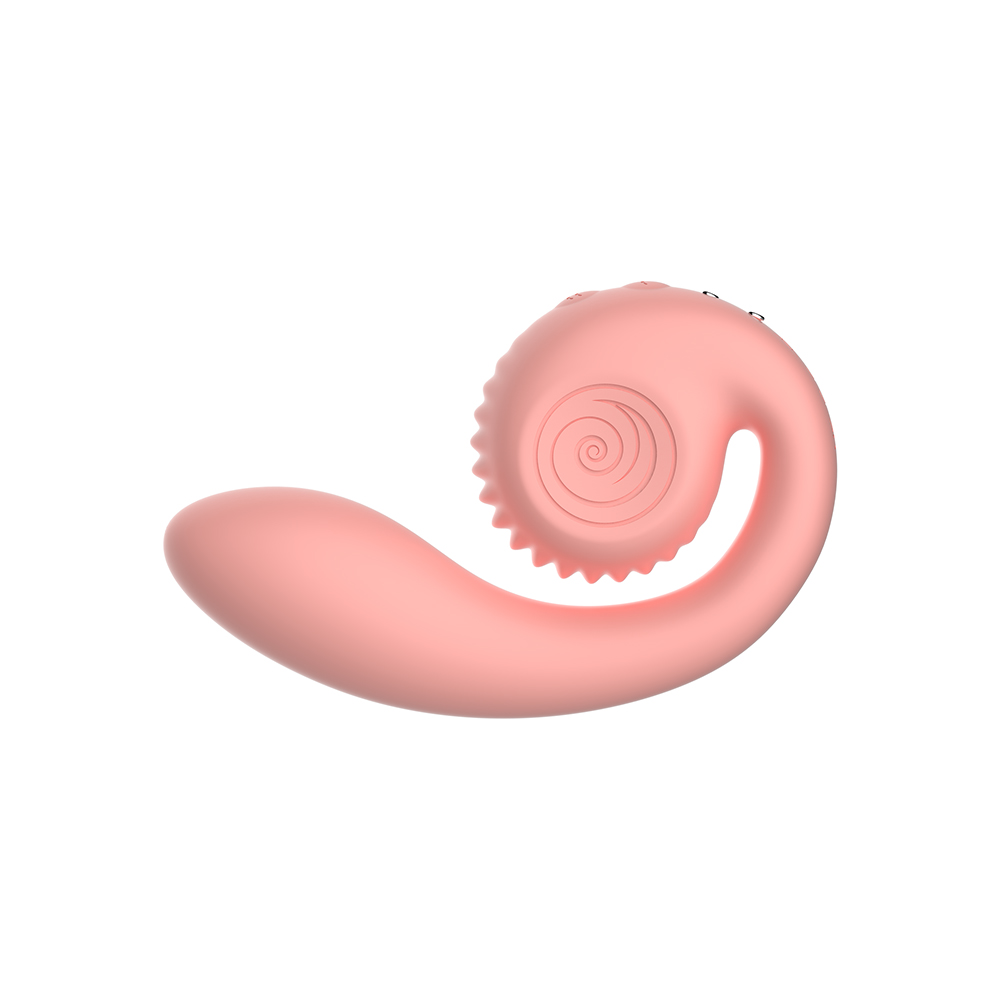 Pink Snail Vibe vibrator Gizi Peachy shown in hand for scale