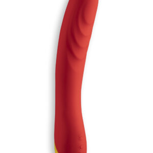 Red ROMP vibrator Hype G-Spot shown in hand for scale