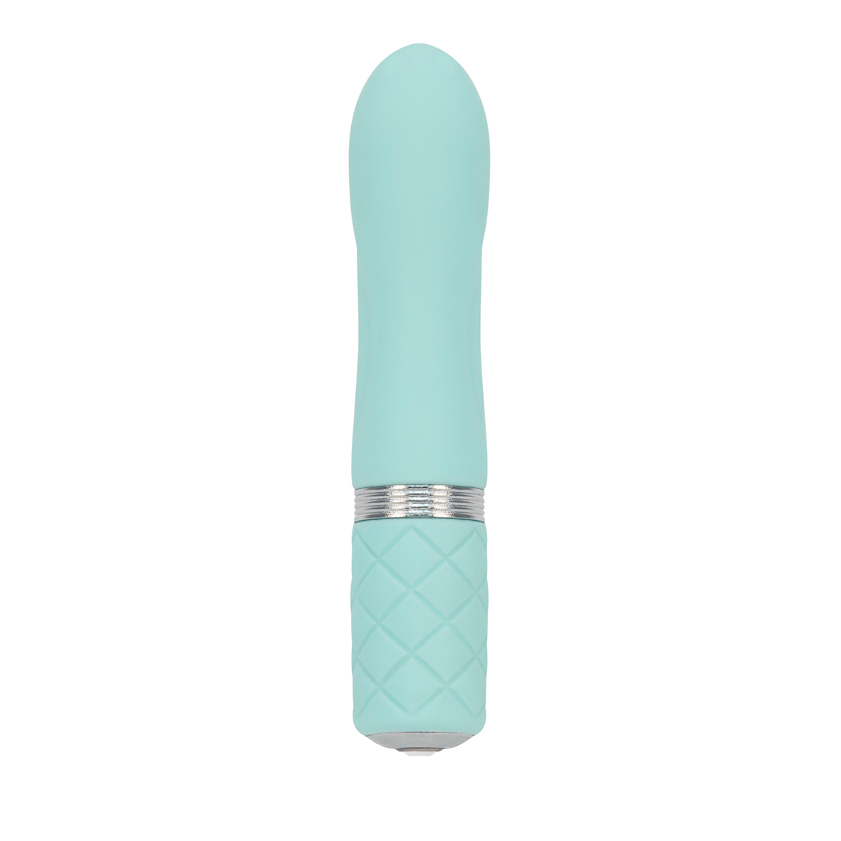 Teal BMS vibrator Pillow Talk Flirty shown in hand for scale