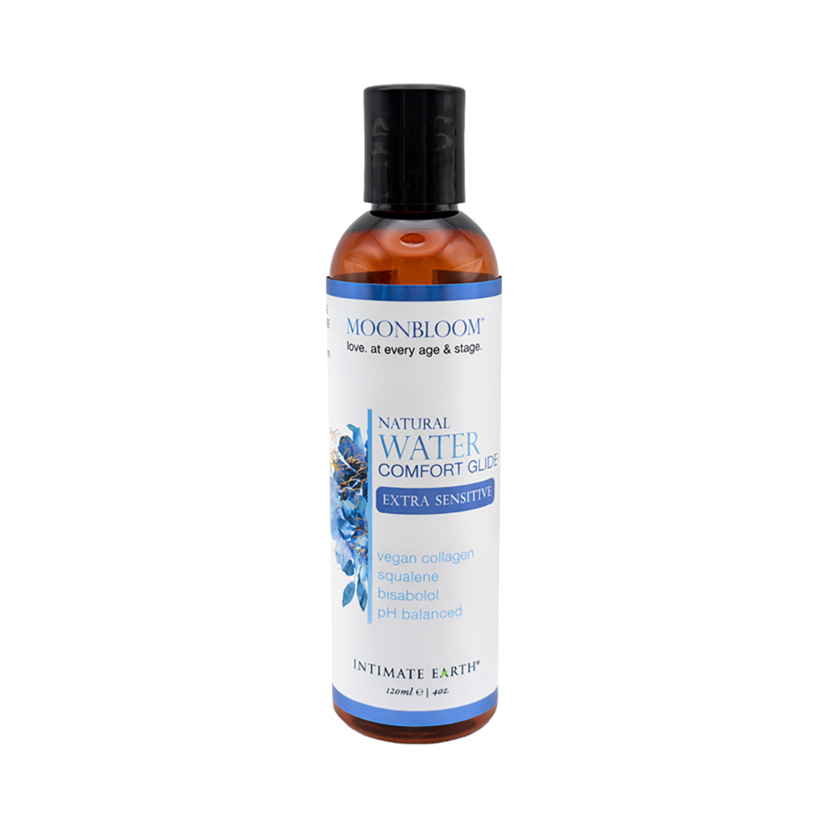 Bottle of  Water Based Lube Intimate Earth showing clean, lightweight formula