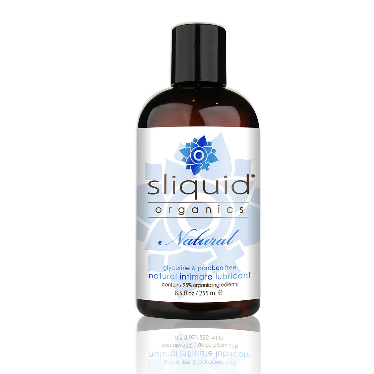 Bottle of 8.5 oz Organic Lube Sliquid showing clean, plant-based formula