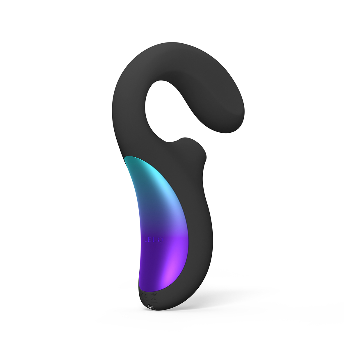Black LELO vibrator Enigma Wave Suction Dual Stim shown in hand for scale