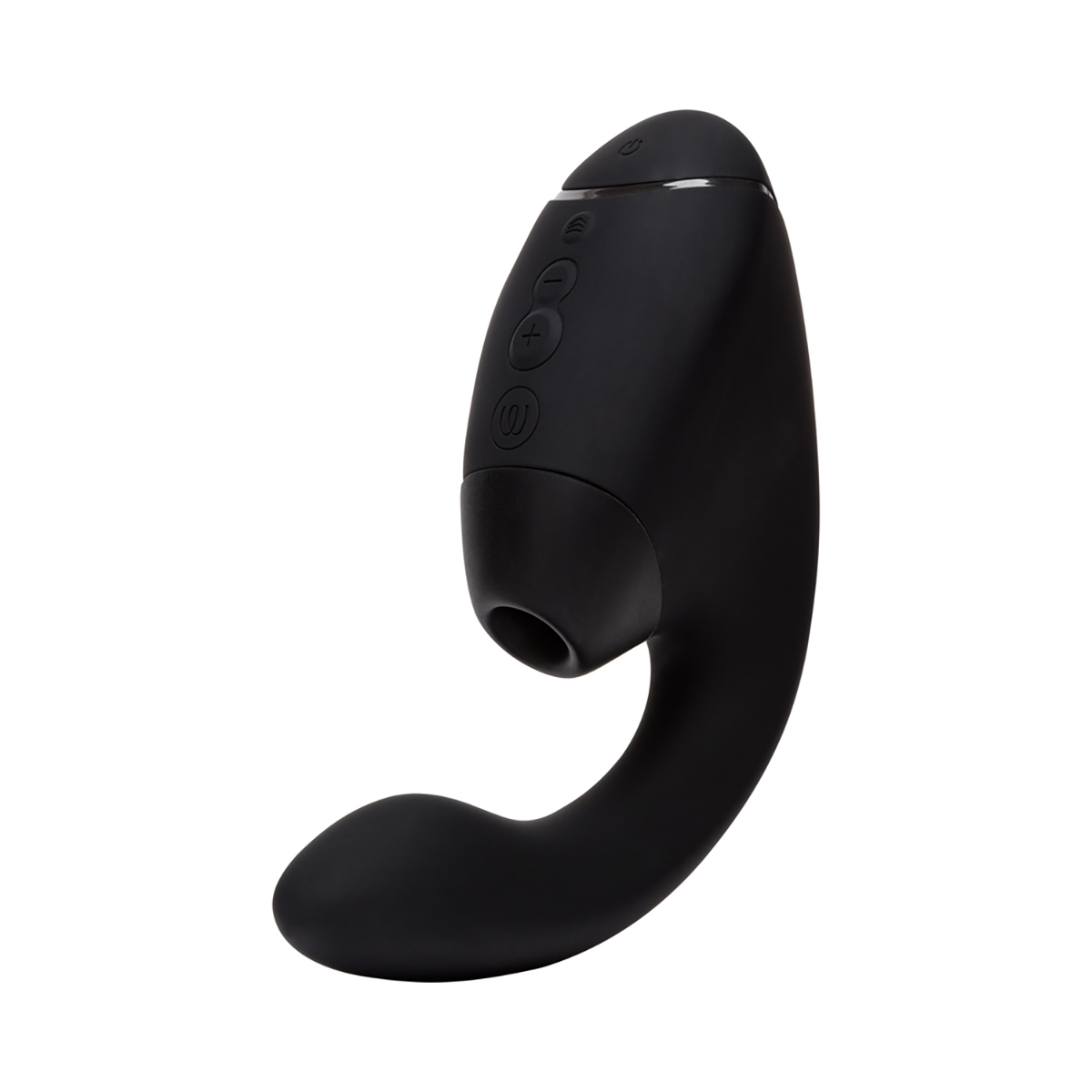 Black Womanizer vibrator Next Duo shown in hand for scale