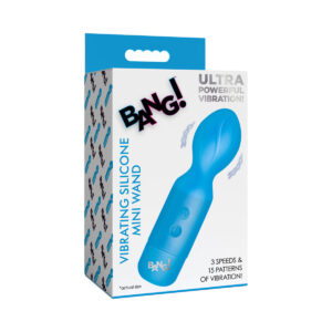 Blue XR Brands vibrator BANG! Silicone Mini shown in hand for scale