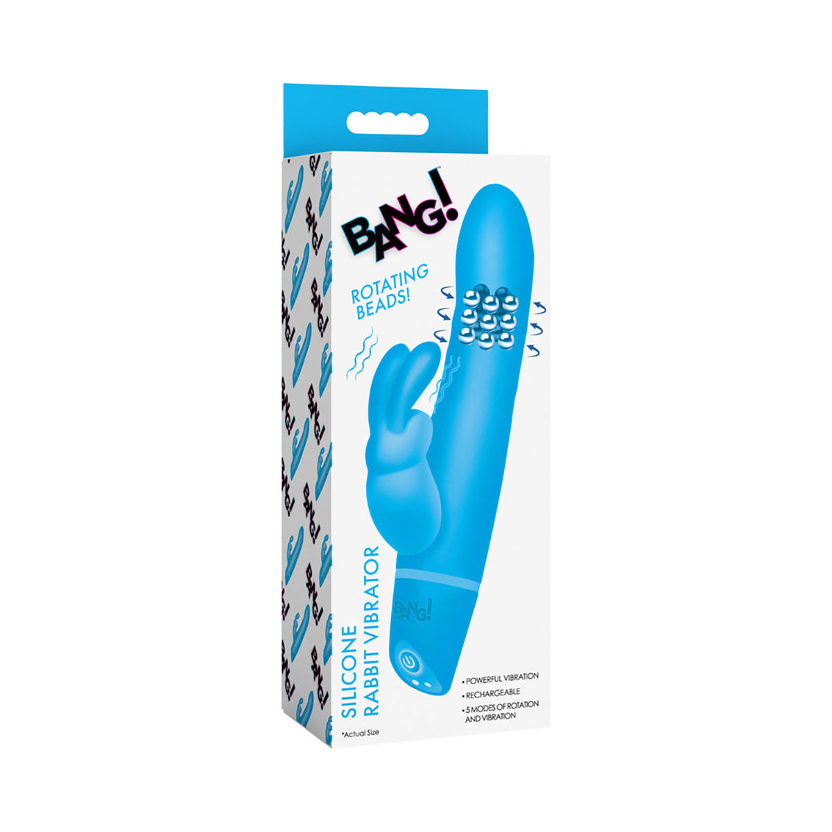 Blue xr brands vibrator bang! Silicone rabbit shown in hand for scale