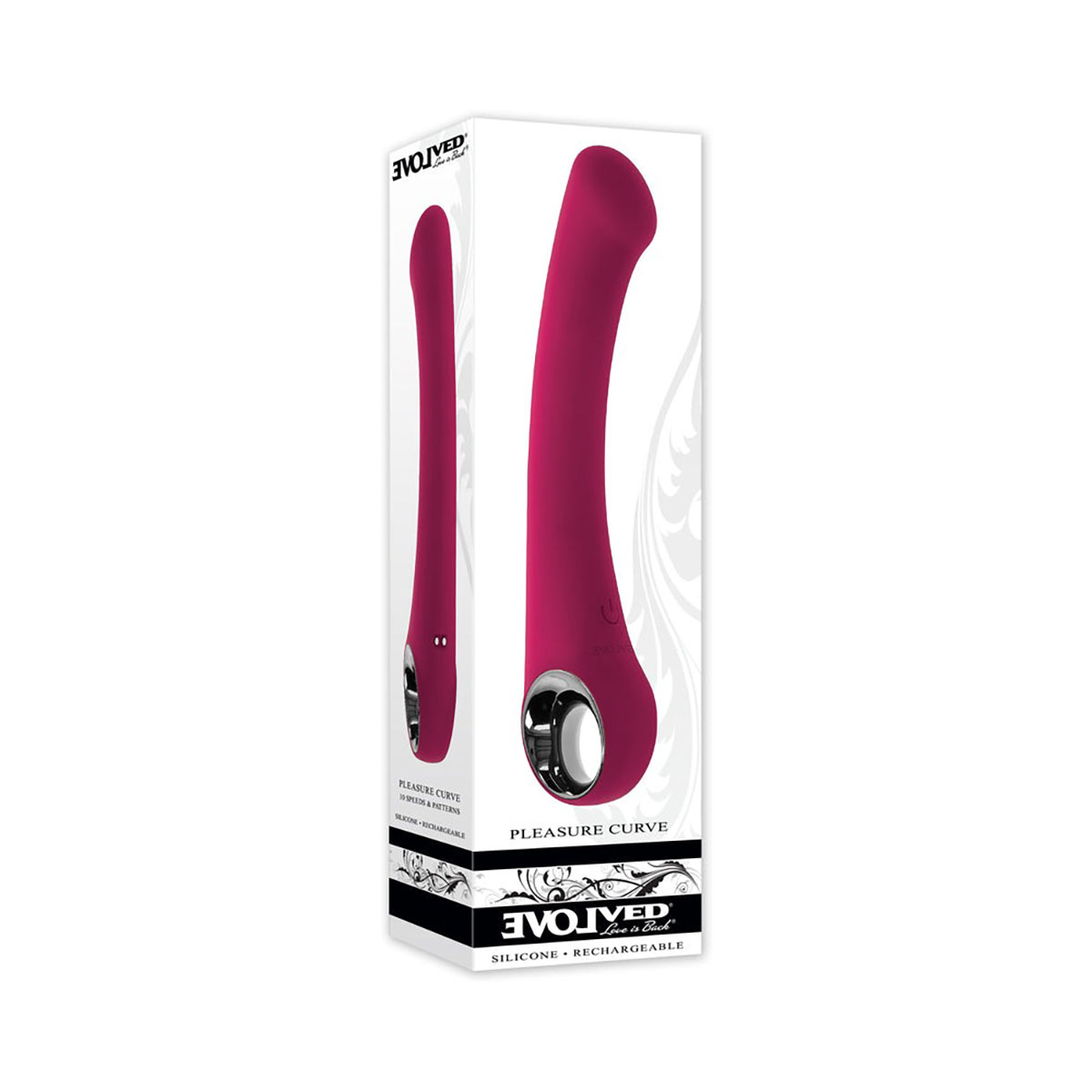 Burgundy Evolved vibrator Pleasure Curve shown in hand for scale