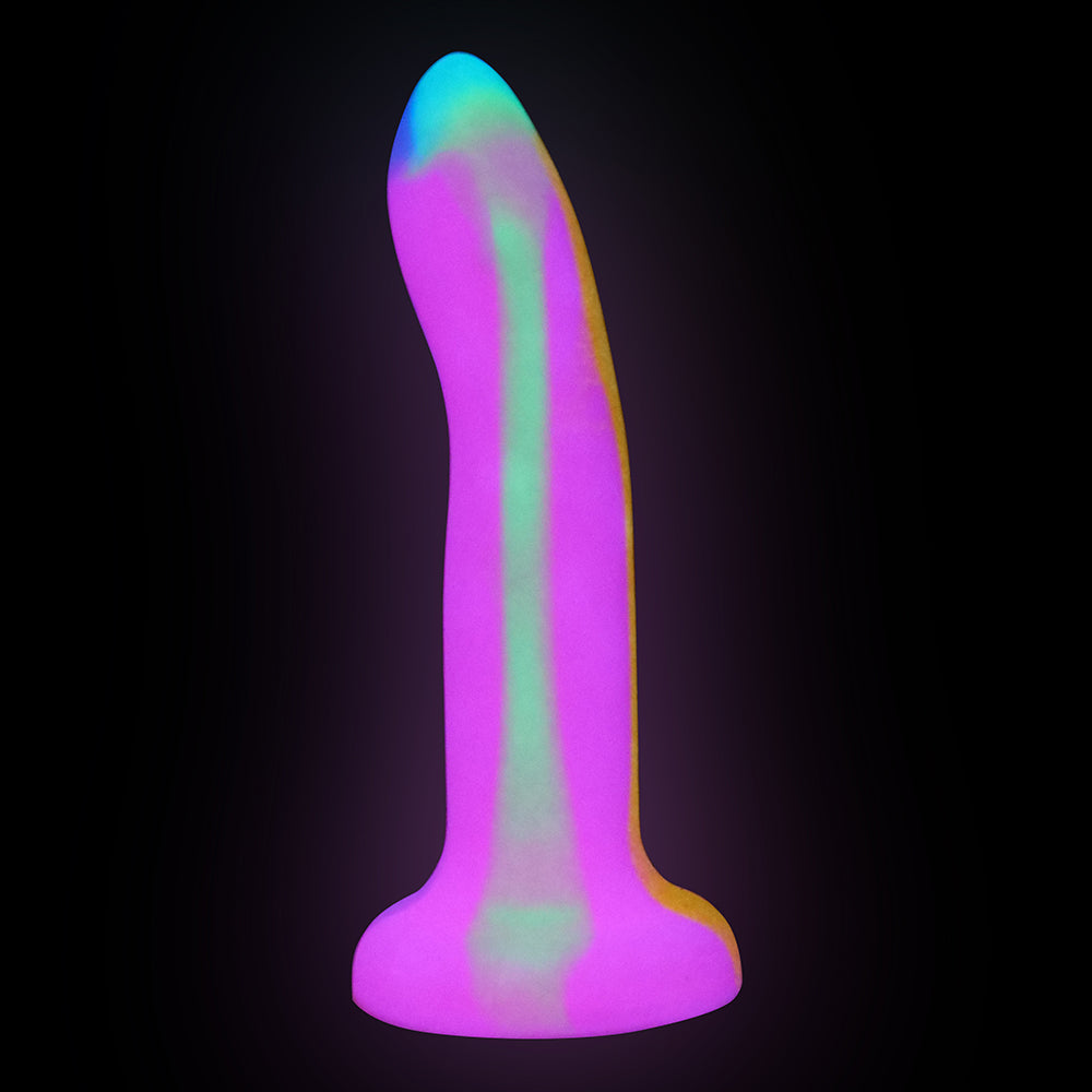 Dildo by Adam & Eve in Multi-Color,Hot Pink Magenta Fuchsia,Orange,Blue displayed for pegging Him or Her
