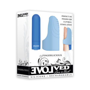 Evolved vibrator Fingerlicious Finger Blu shown in hand for scale