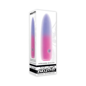 Evolved vibrator Paradise Sili Vibr PkPu shown in hand for scale