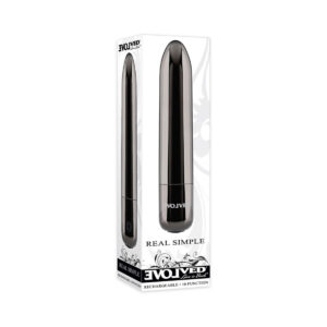 Evolved vibrator RealSimple BlkChr shown in hand for scale
