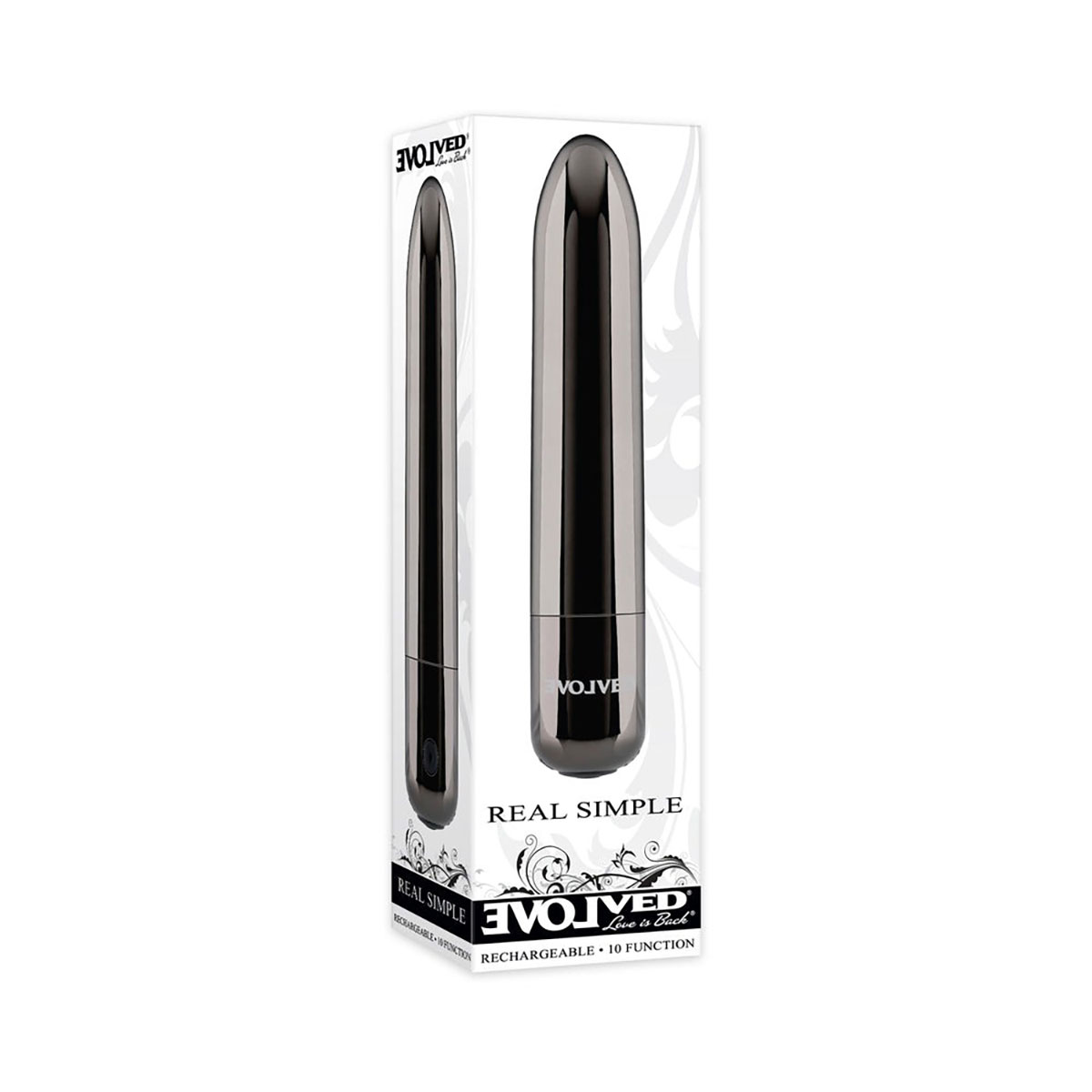 Evolved vibrator RealSimple BlkChr shown in hand for scale