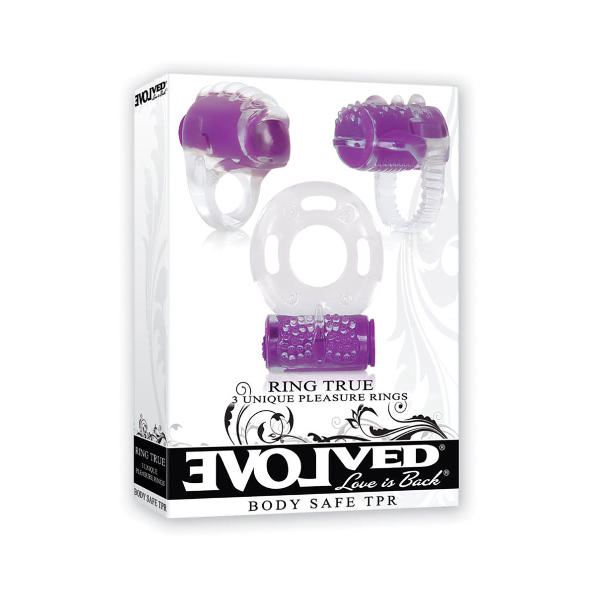 Evolved vibrator Ring True 3Pc Vibr Ring Set Pur shown in hand for scale