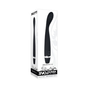 Evolved vibrator Skinny G Slimline GSpot Vibr Blk shown in hand for scale