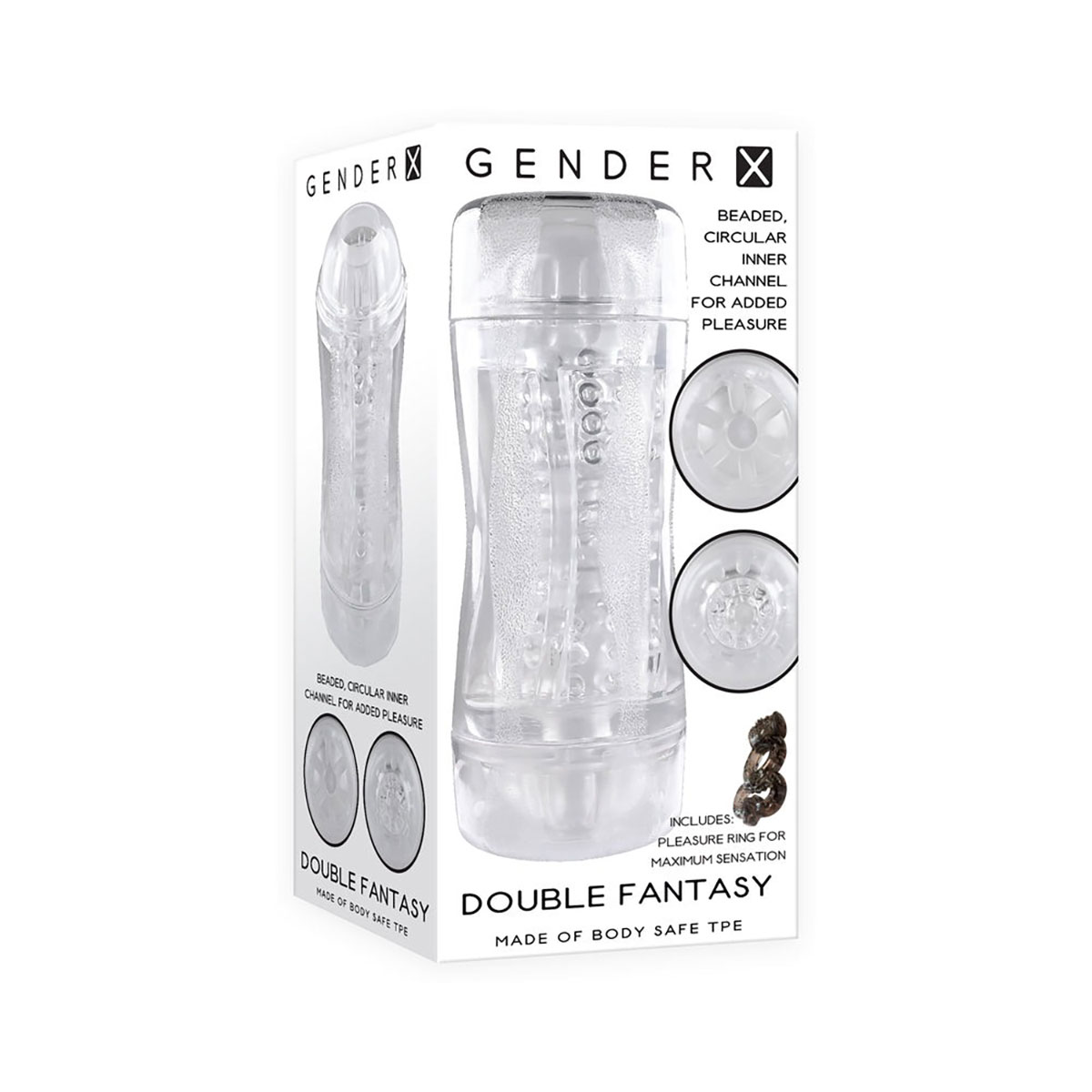 Gender X vibrator GX DoubleFantasy DualEntry Stroker Clear shown in hand for scale