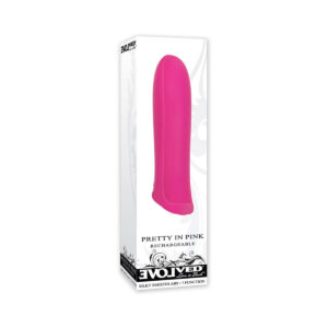 Pink Evolved vibrator Pretty in shown in hand for scale