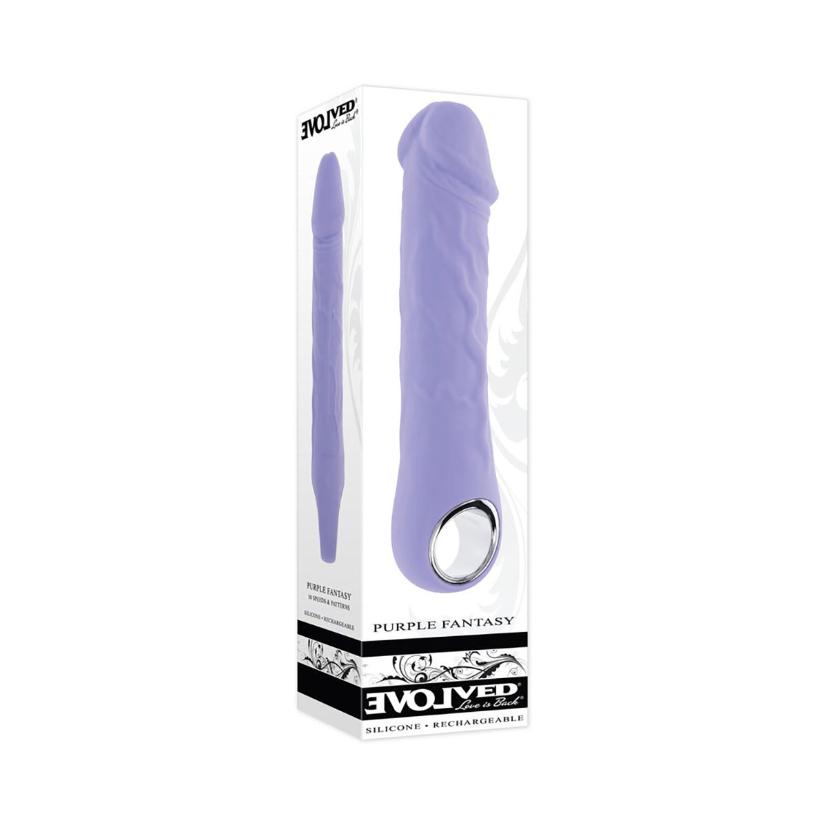 Purple Evolved vibrator Fantasy Rech Vibr Sili shown in hand for scale