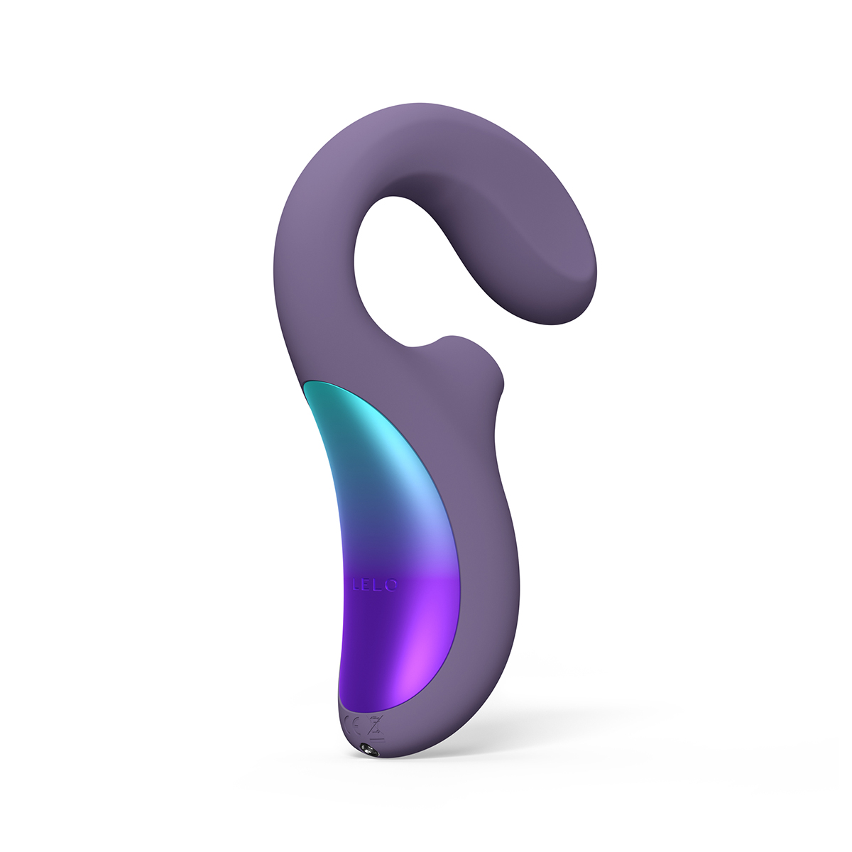 Purple LELO vibrator Enigma Wave Suction Dual Stim shown in hand for scale