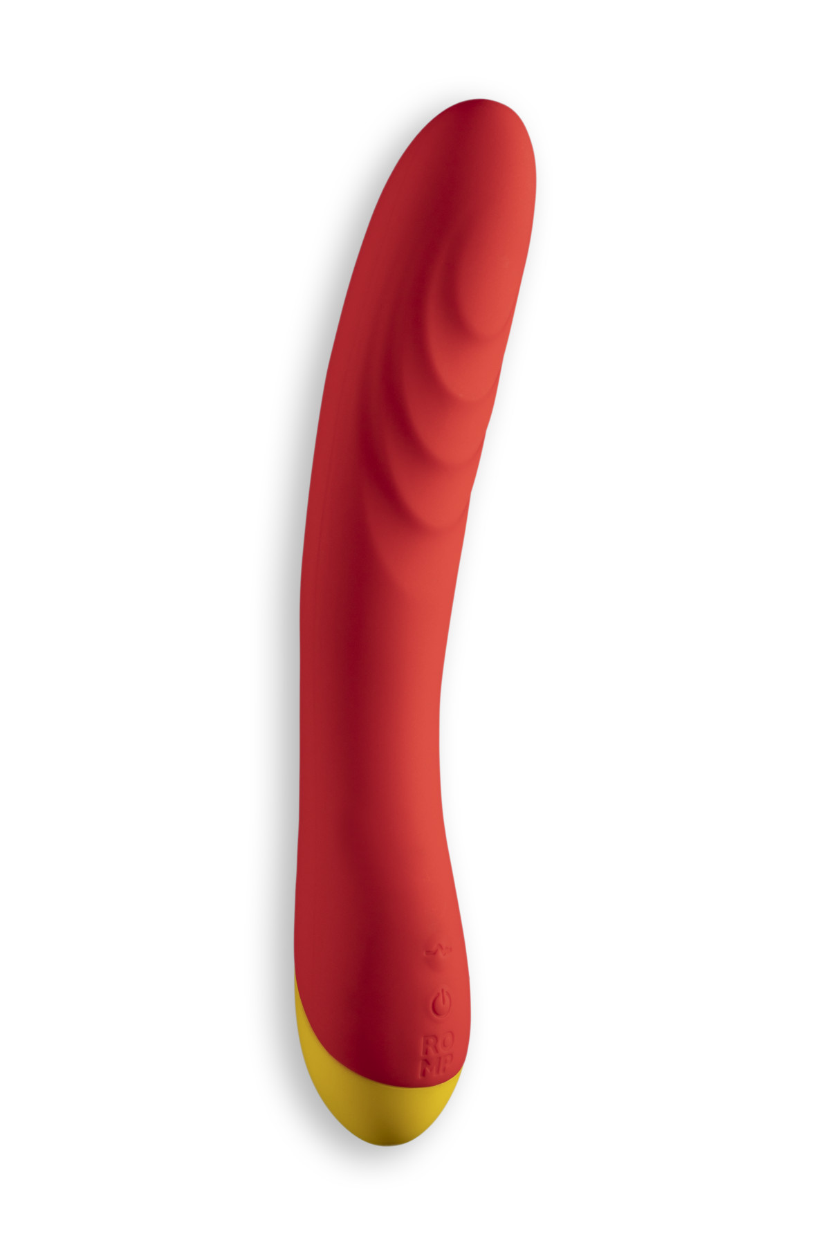 Red romp vibrator hype g-spot shown in hand for scale