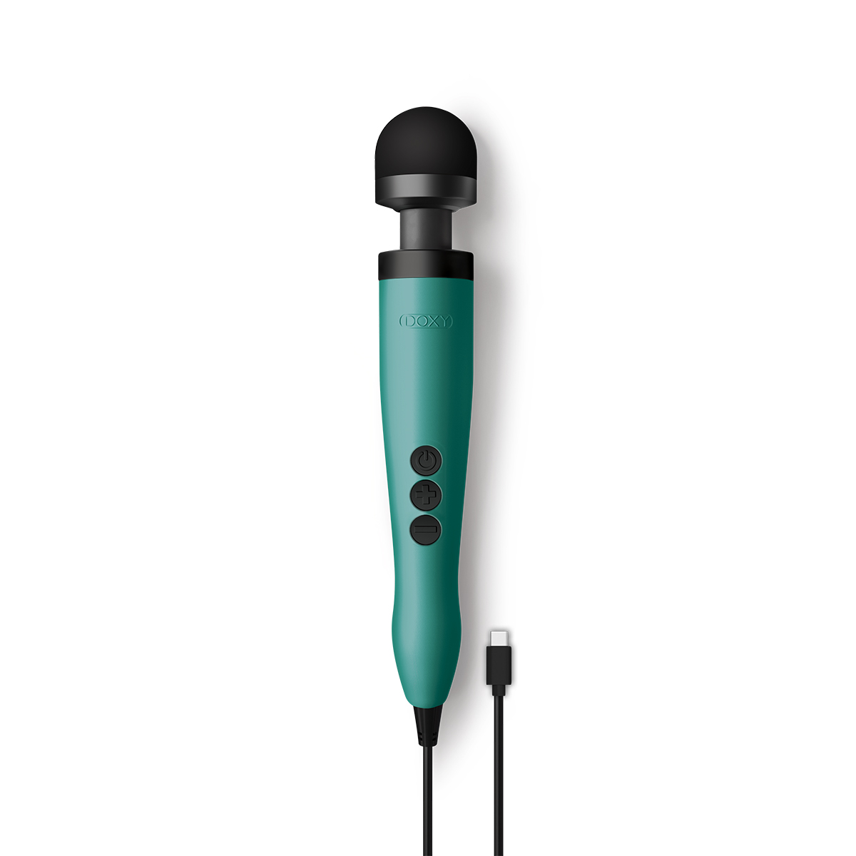 Turquoise Doxy vibrator USB-C shown in hand for scale