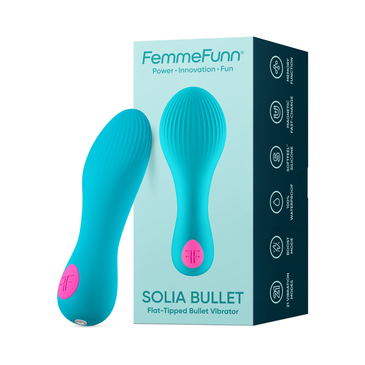 Turquoise Femme Funn vibrator FemmeFunn Solia shown in hand for scale