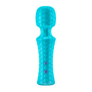 Turquoise Femme Funn vibrator Ultra Mini shown in hand for scale