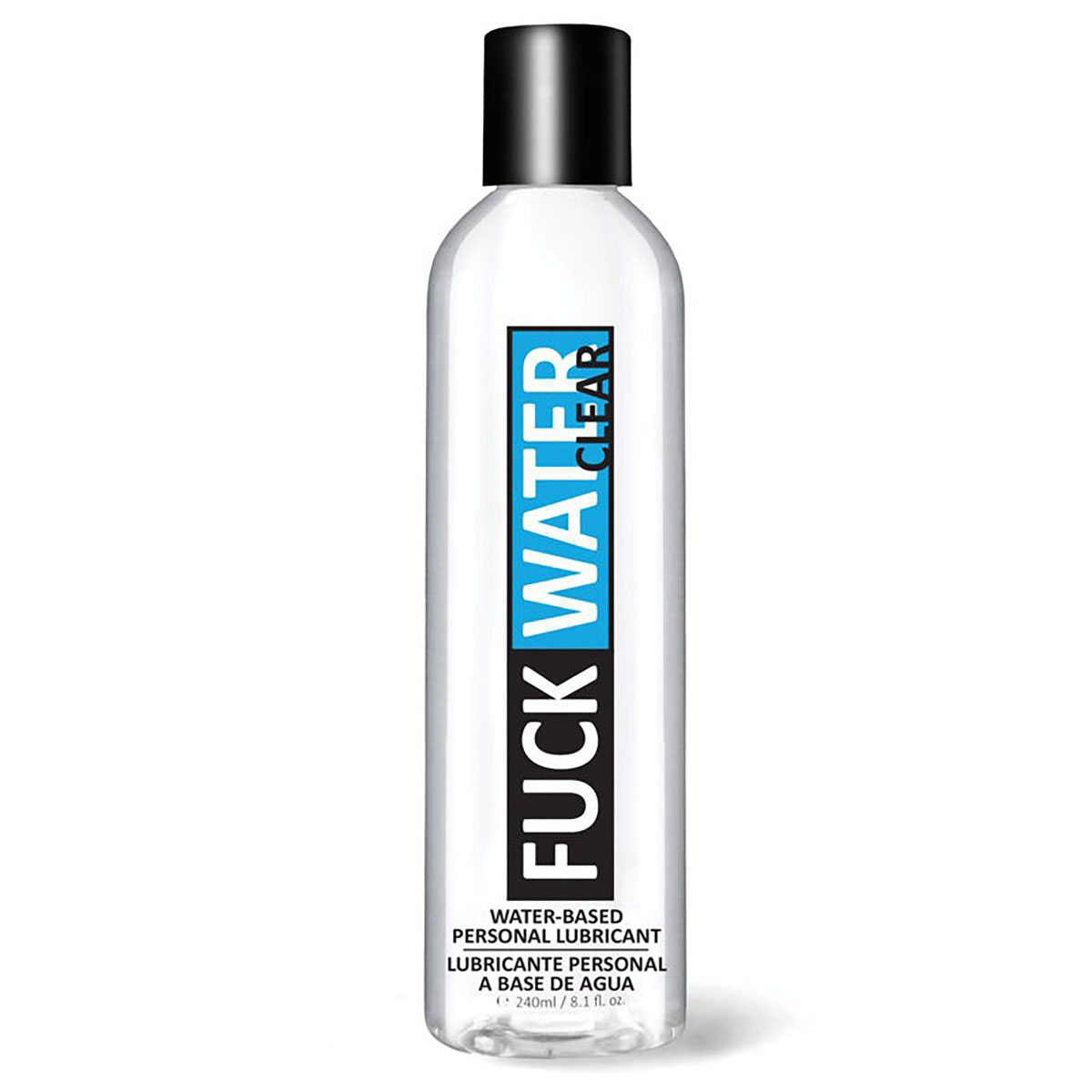 Bottle of  Water Based Lube Fuck Water showing clean, lightweight formula