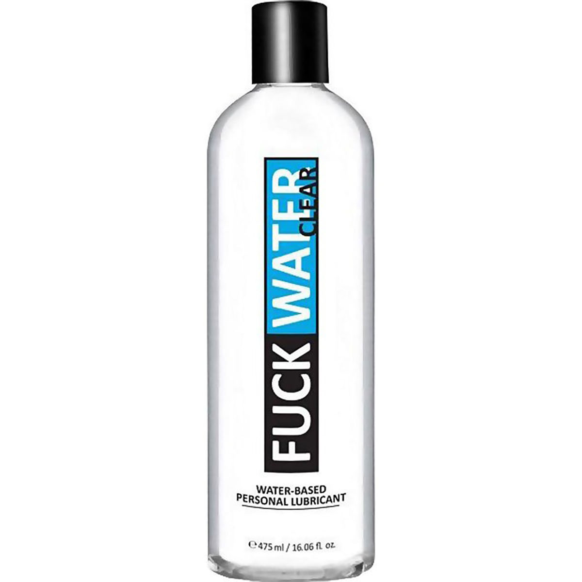Bottle of  Water Based Lube Fuck Water showing clean, lightweight formula