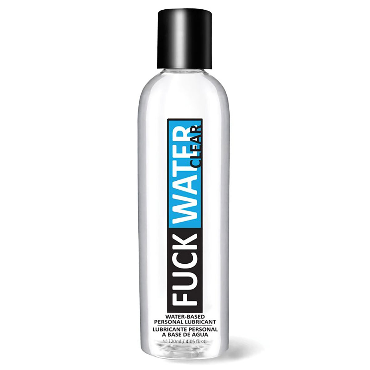Bottle of  Water Based Lube Fuck Water showing clean, lightweight formula