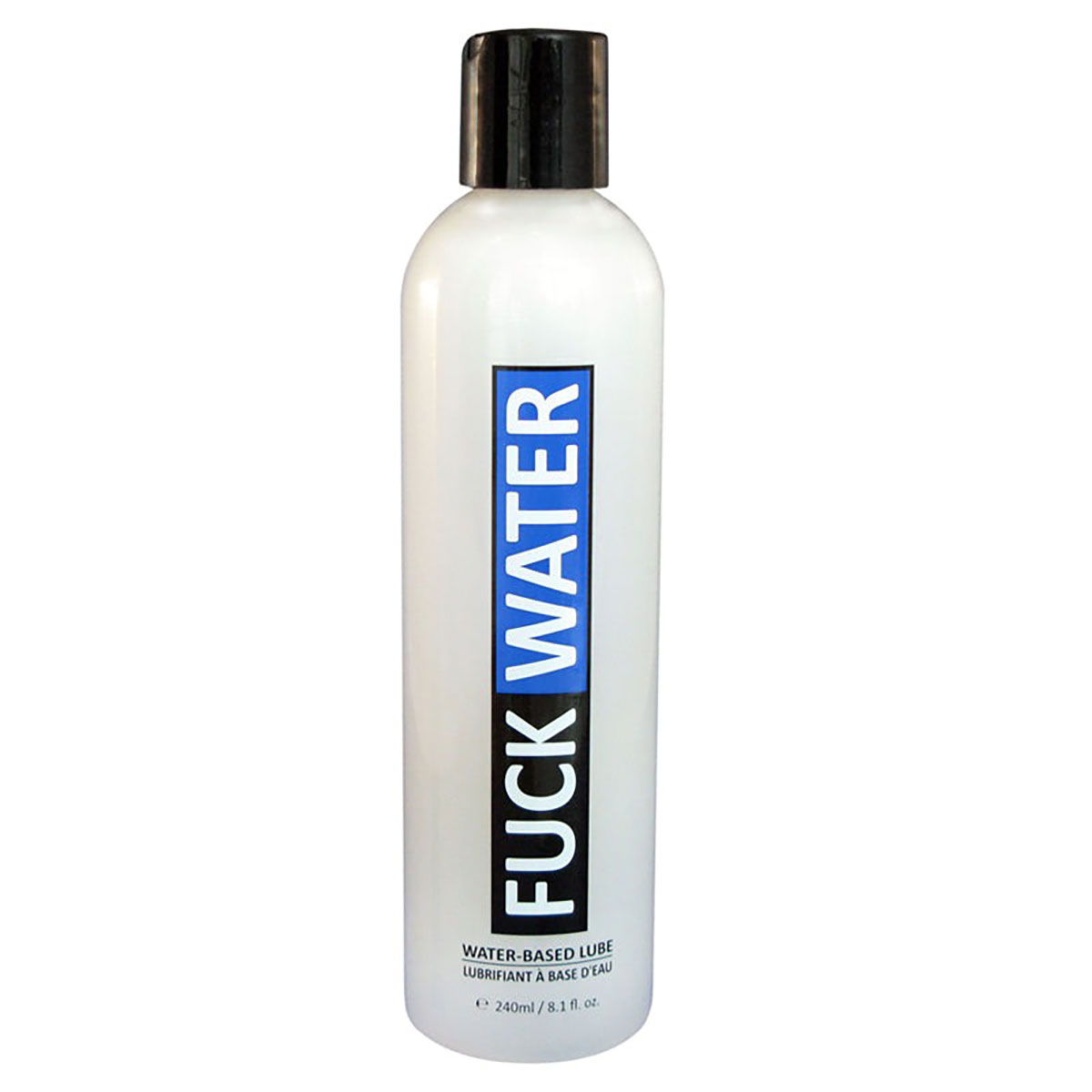 Bottle of  Water Based Lube Fuck Water showing clean, lightweight formula