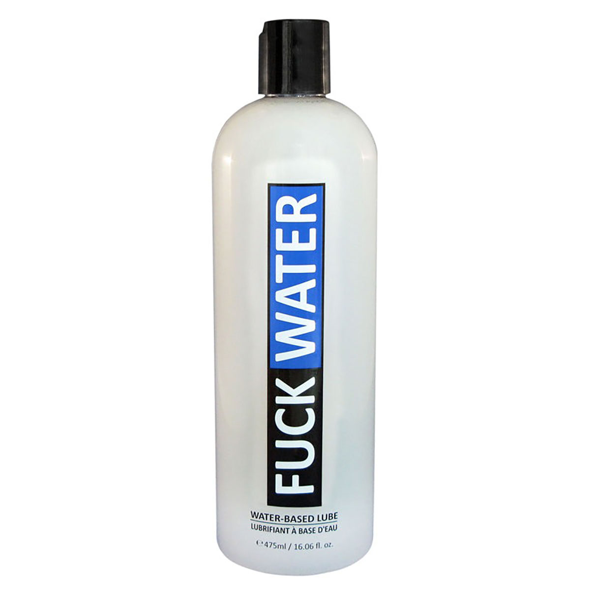 Bottle of  Water Based Lube Fuck Water showing clean, lightweight formula