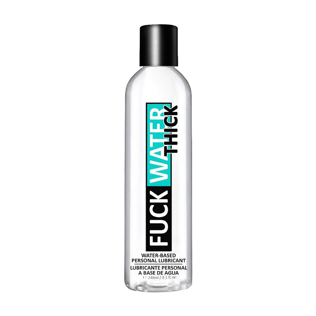 Bottle of  Water Based Lube Fuck Water showing clean, lightweight formula