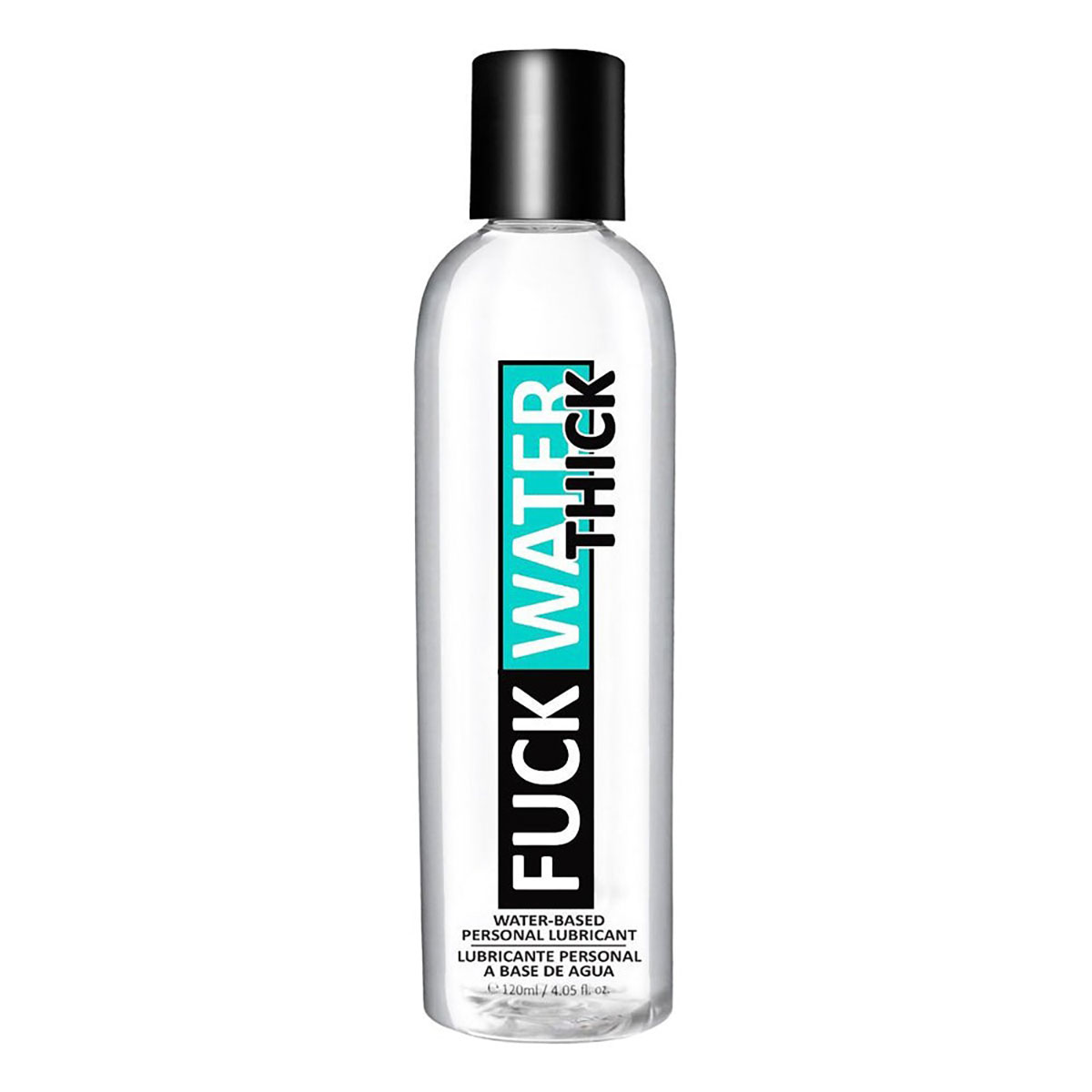 Bottle of  Water Based Lube Fuck Water showing clean, lightweight formula
