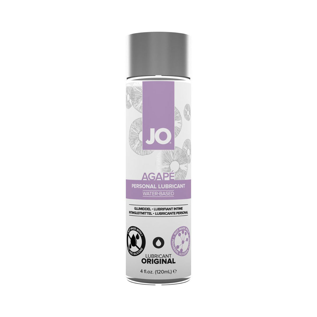 Bottle of  Water Based Lube System JO showing clean, lightweight formula