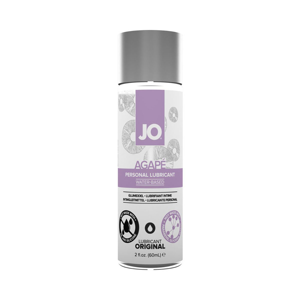 Bottle of  Water Based Lube System JO showing clean, lightweight formula