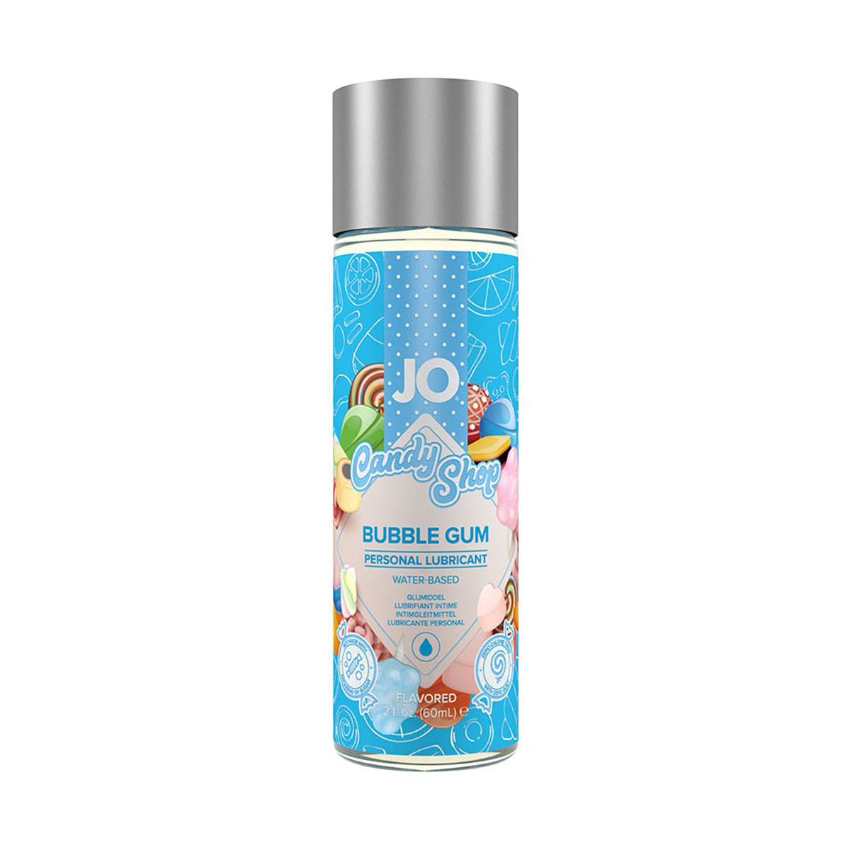 Bottle of  Water Based Lube System JO showing clean, lightweight formula