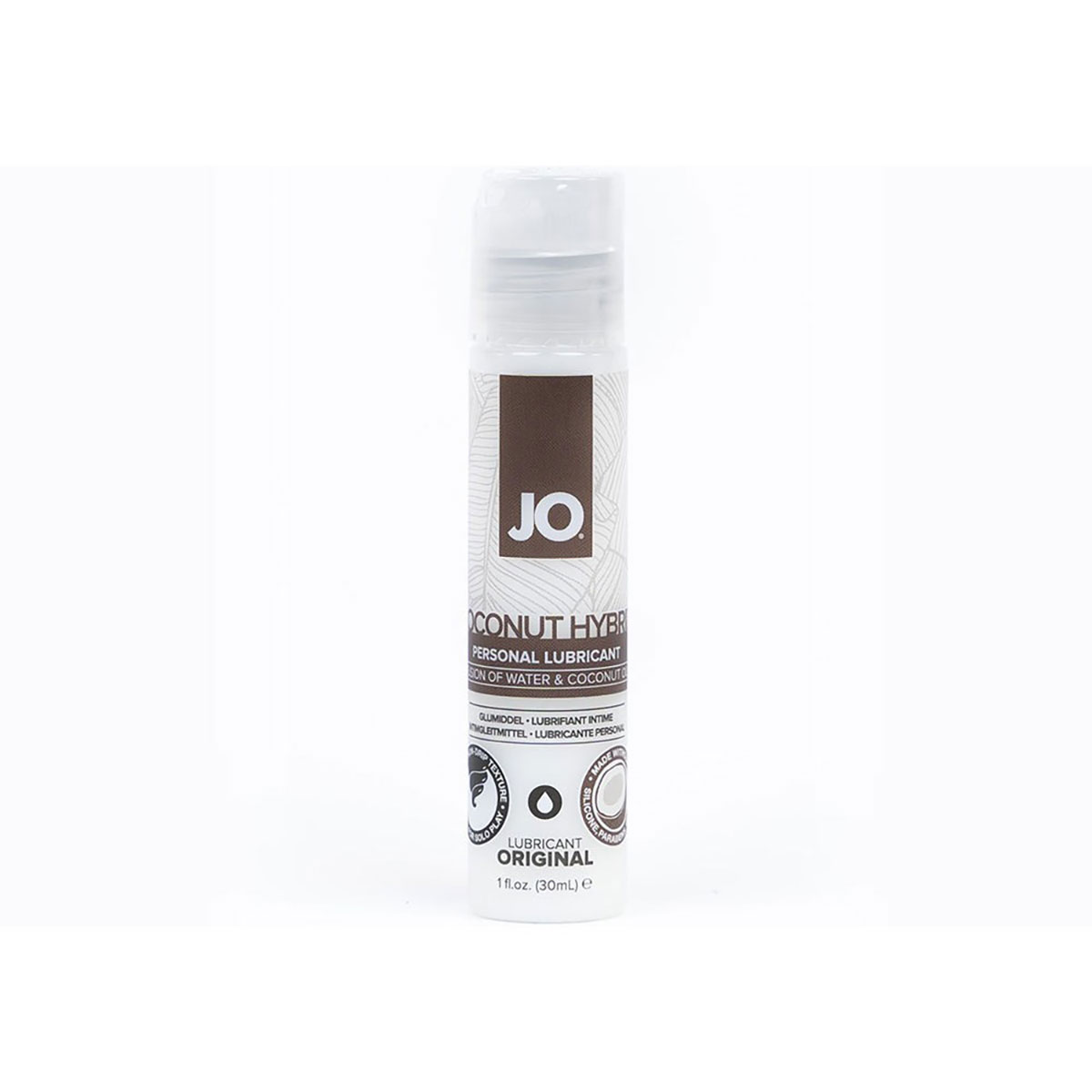 Bottle of  Water Based Lube System JO showing clean, lightweight formula