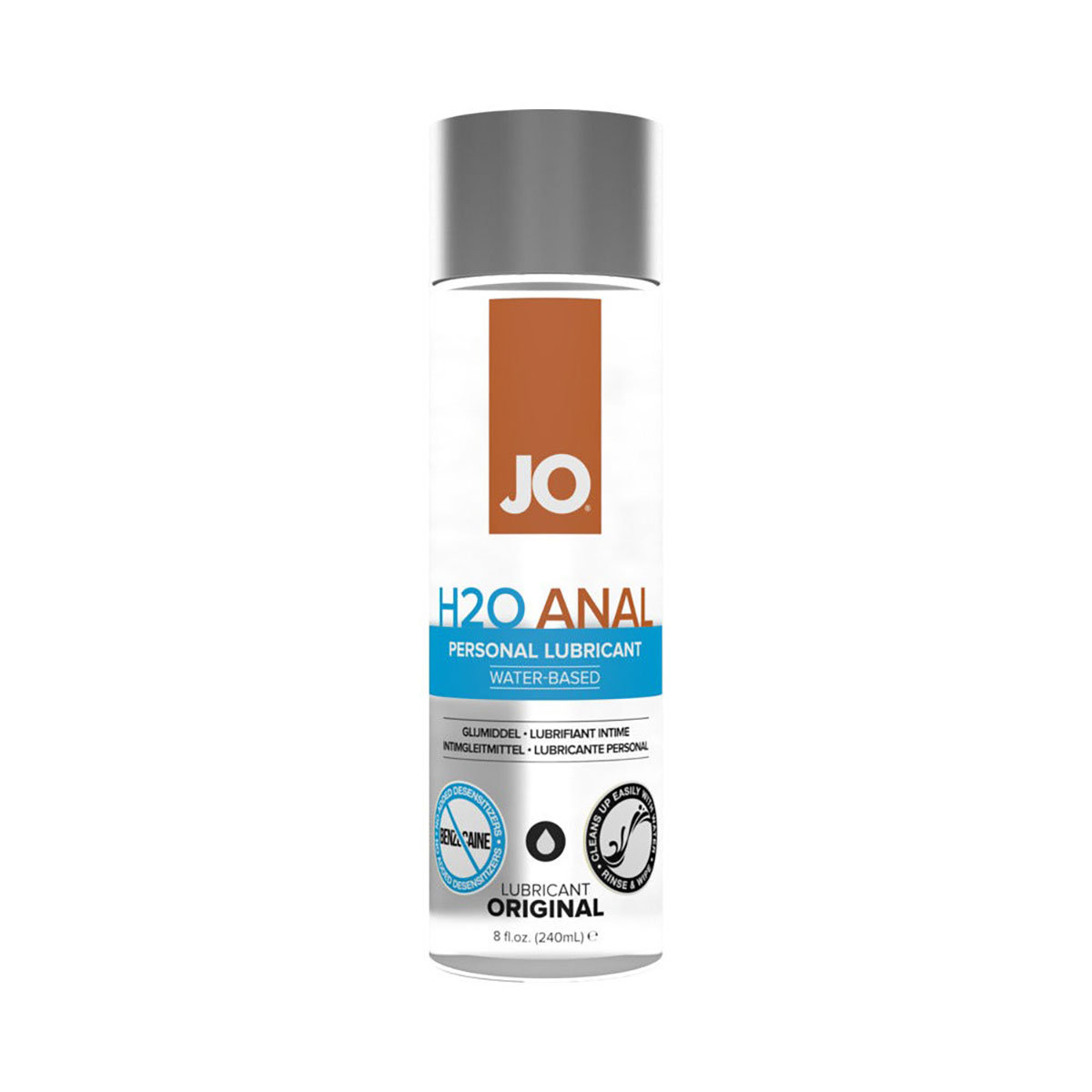 Bottle of  Water Based Lube System JO showing clean, lightweight formula