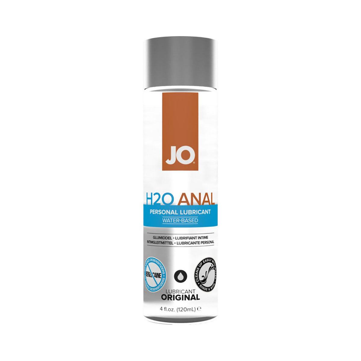 Bottle of  Water Based Lube System JO showing clean, lightweight formula
