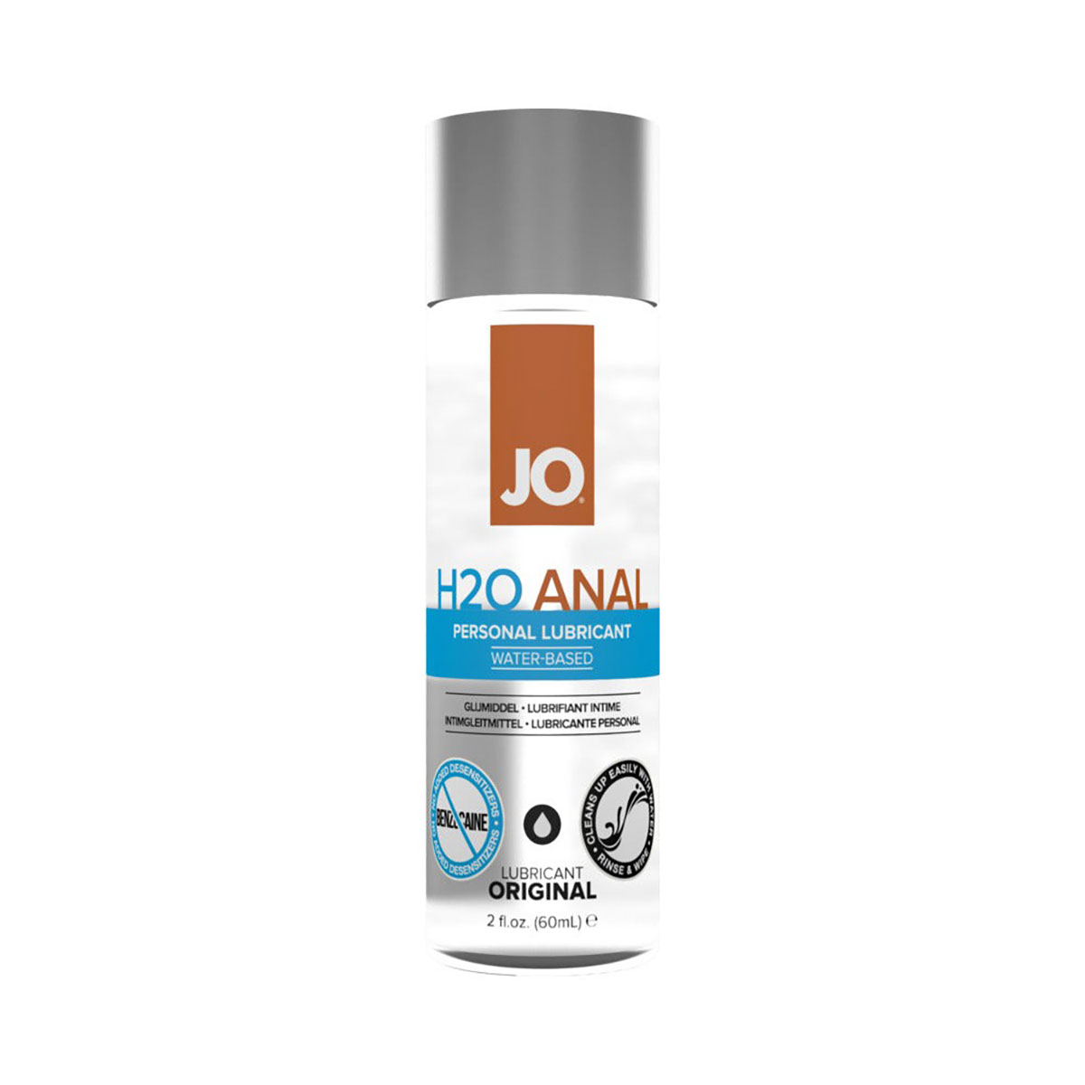 Bottle of  Water Based Lube System JO showing clean, lightweight formula