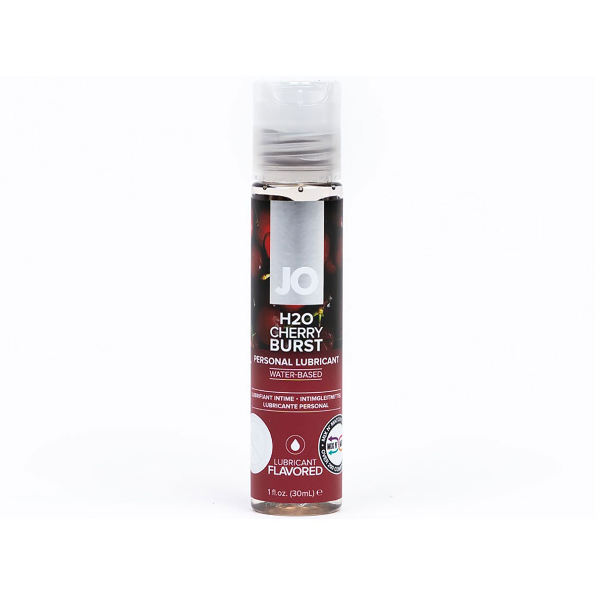 Bottle of  Water Based Lube System JO showing clean, lightweight formula