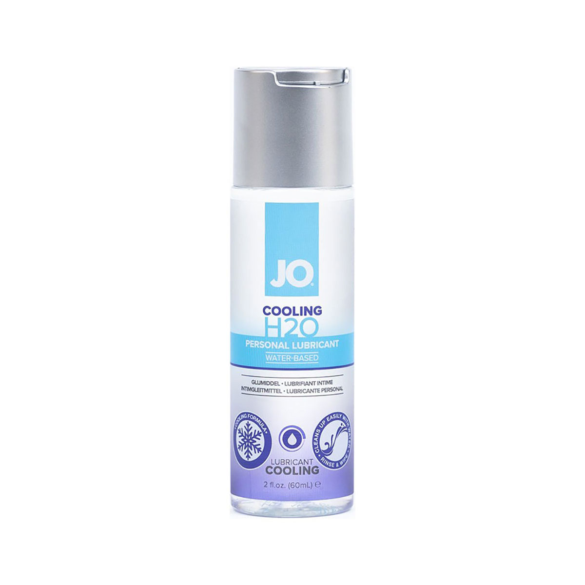 Bottle of  Water Based Lube System JO showing clean, lightweight formula